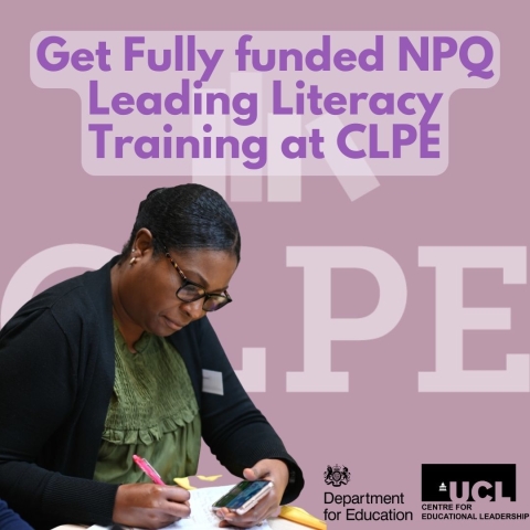 NPQ title with teacher writing and CLPE logo