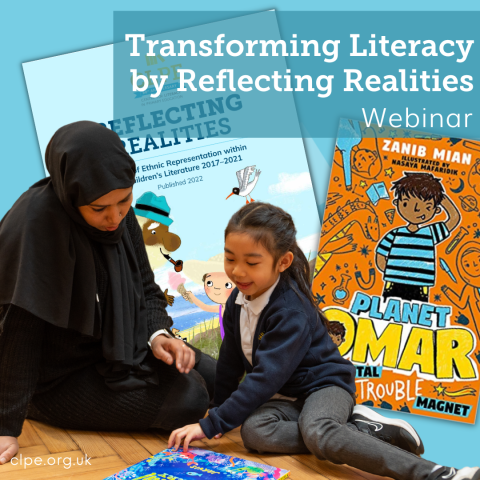 Cover of Reflecting Realities and Planet Omar and adult and child reading